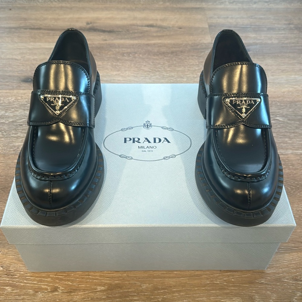 Prada Triangle Logo Loafers size 37 Black Nero Leather worn 1x like new $1200